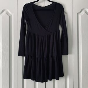 See You Monday Dress S Black Mini Long Sleeve Tiered Boho Peasant Cottagecore